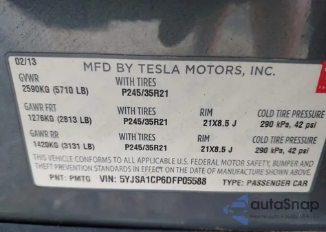 2013 Tesla Model S Performance из США, поврежденный, VIN 5YJSA1CP6DFP05588